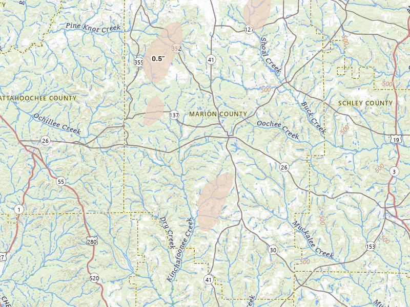 Radar-estimated hail-size map of the storm over Buena Vista, GA on May 22, 2026