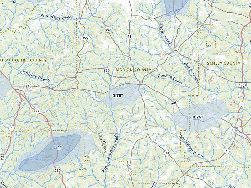 NEXRAD radar-signature map of the hail storm over Buena Vista, GA on Jul 9, 2026