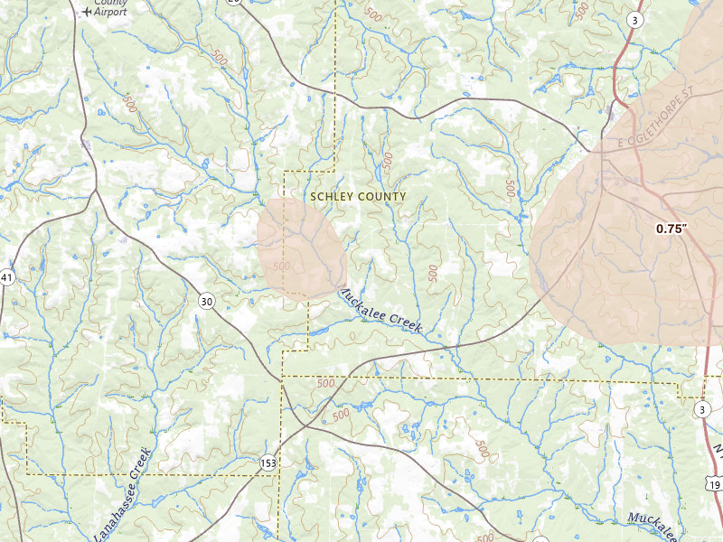 Radar-estimated hail-size map of the storm over Buena Vista, GA on Aug 11, 2026