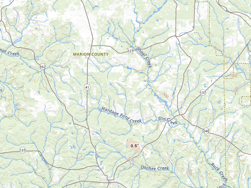 Radar-estimated hail-size map of the storm over Buena Vista, GA on Aug 13, 2026