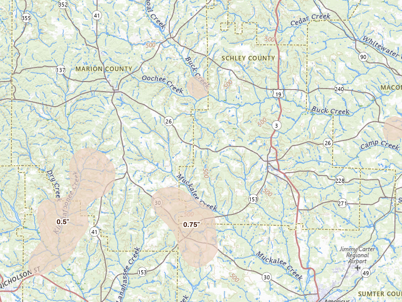 Radar-estimated hail-size map of the storm over Buena Vista, GA on Aug 21, 2026
