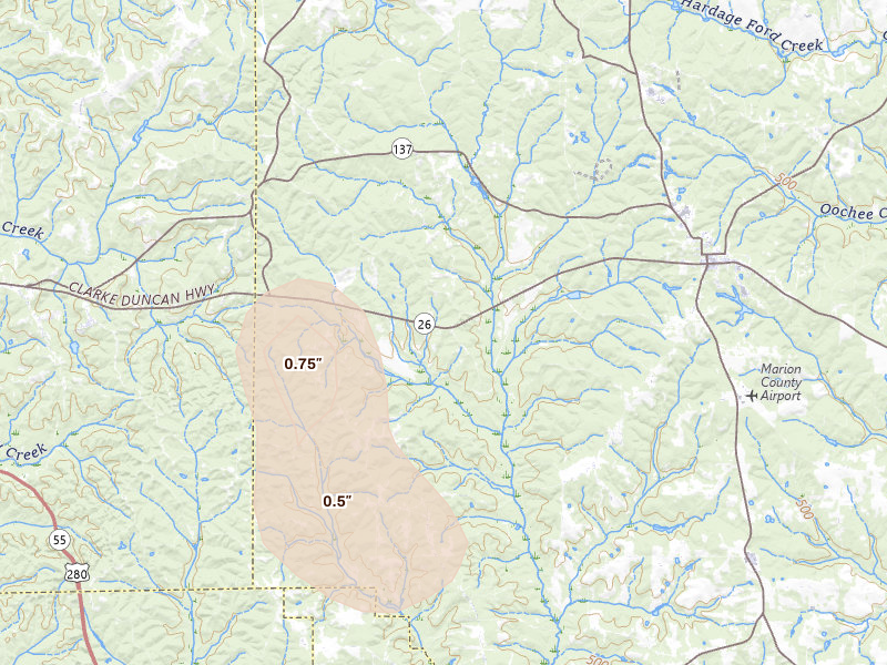 Radar-estimated hail-size map of the storm over Buena Vista, GA