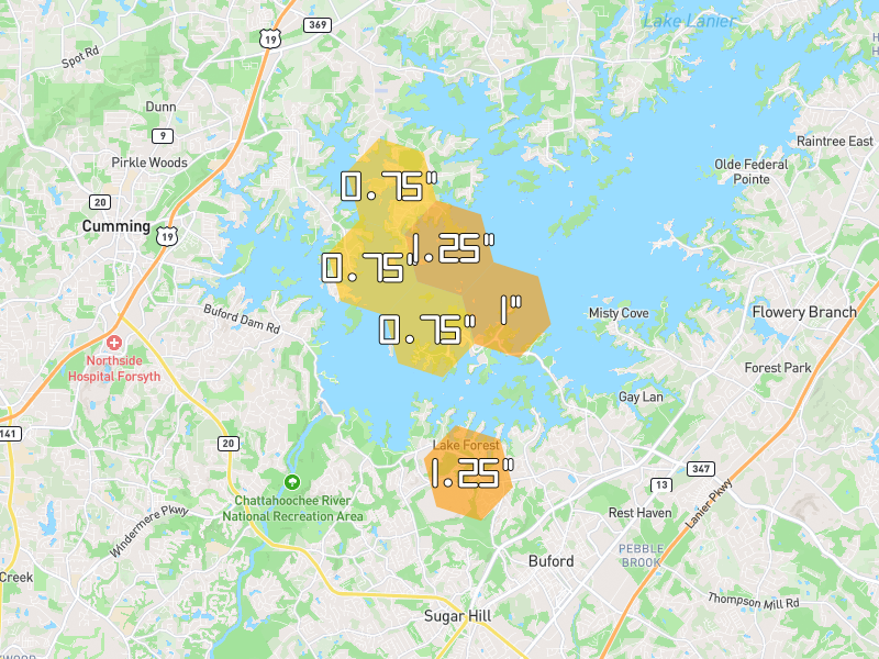 Hail map of Buford, GA on Jul 5, 2026, hail up to 1.25"