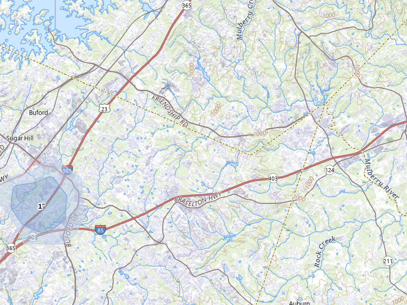 NEXRAD radar-signature map of the hail storm over Buford, GA on Jul 10, 2026