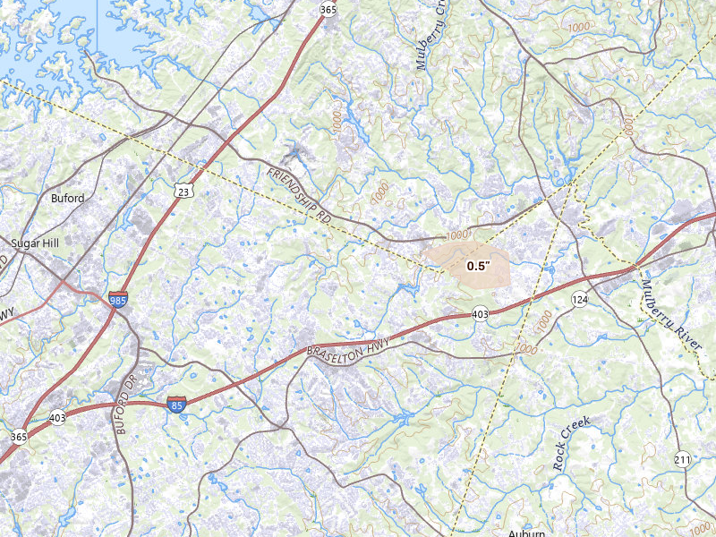 Radar-estimated hail-size map of the storm over Buford, GA on Jul 11, 2026