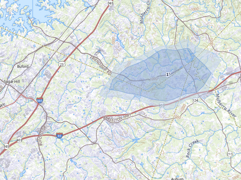NEXRAD radar-signature map of the hail storm over Buford, GA on Jul 11, 2026