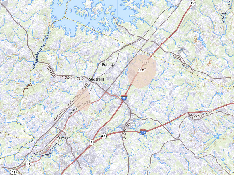 Radar-estimated hail-size map of the storm over Buford, GA on Aug 5, 2026