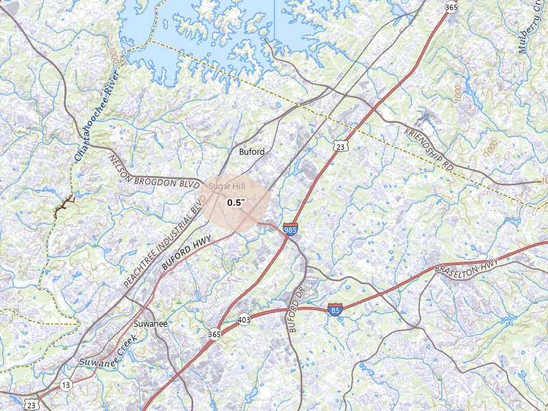 Radar-estimated hail-size map of the storm over Buford, GA on Aug 10, 2026