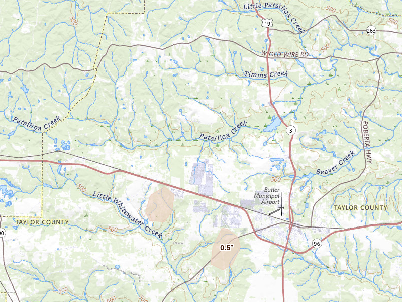 Radar-estimated hail-size map of the storm over Butler, GA on Apr 1, 2026