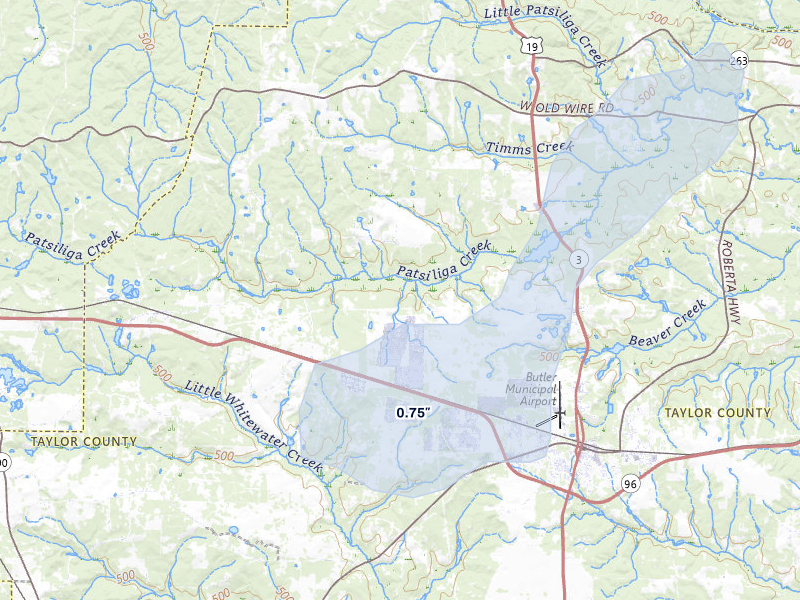 NEXRAD radar-signature map of the hail storm over Butler, GA on Apr 1, 2026