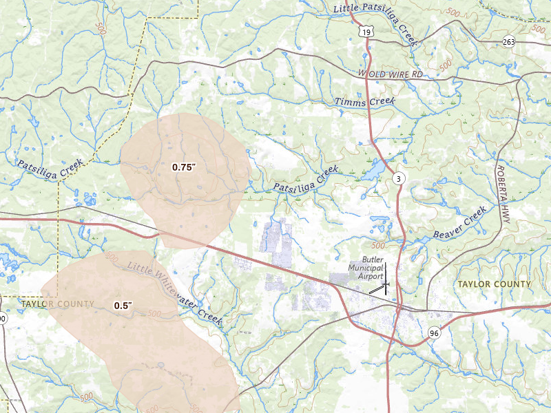 Radar-estimated hail-size map of the storm over Butler, GA on Jun 20, 2026