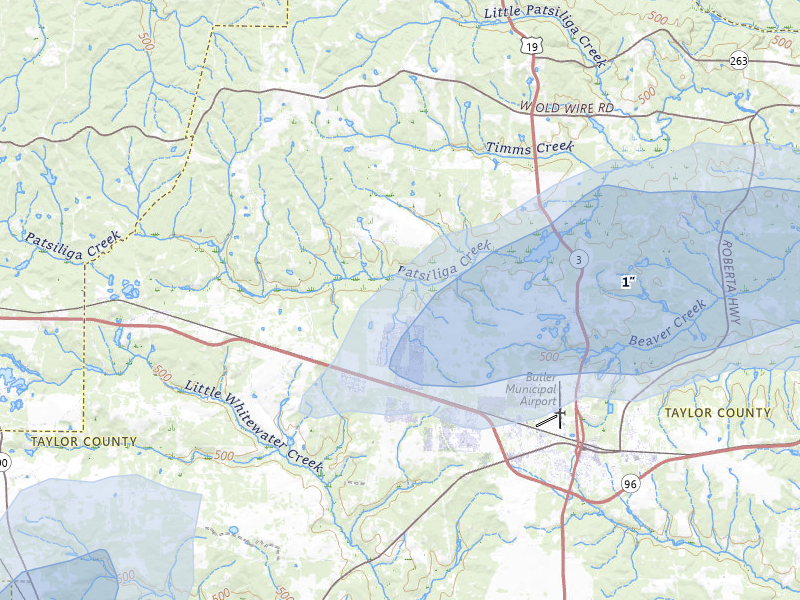 NEXRAD radar-signature map of the hail storm over Butler, GA on Jul 9, 2026