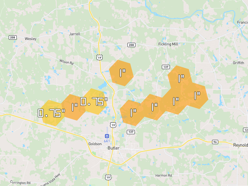 Hail map of Butler, GA on Jul 9, 2026, hail up to 1"
