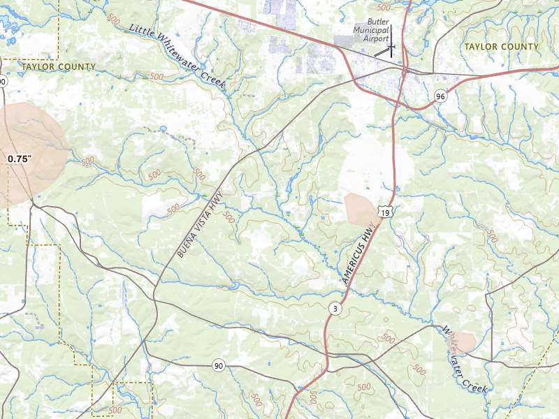 Radar-estimated hail-size map of the storm over Butler, GA on Aug 14, 2026