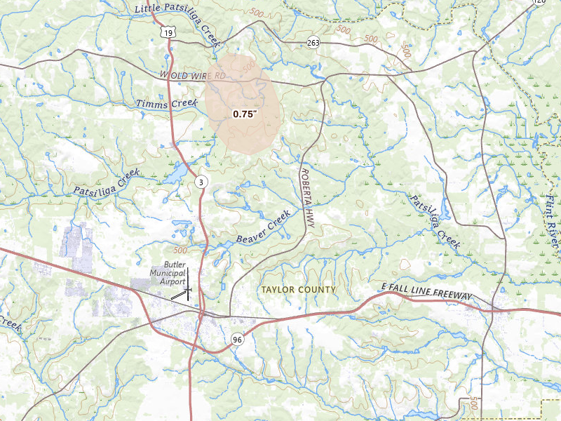Radar-estimated hail-size map of the storm over Butler, GA on Sep 5, 2026