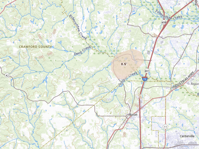 Radar-estimated hail-size map of the storm over Byron, GA on Jul 9, 2026