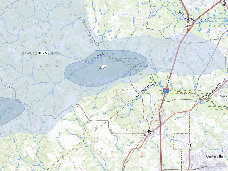 NEXRAD radar-signature map of the hail storm over Byron, GA on Jul 9, 2026