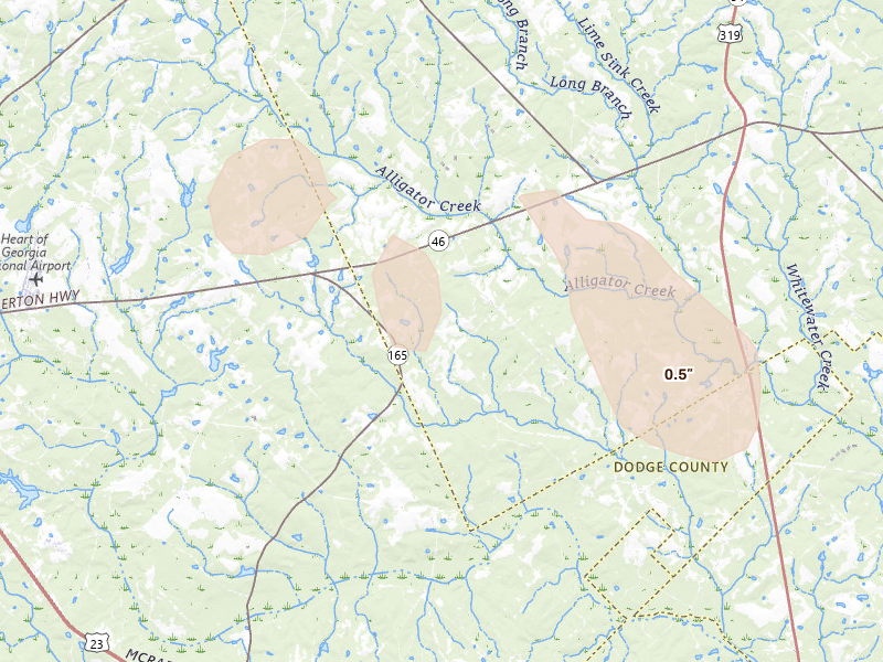 Radar-estimated hail-size map of the storm over Cadwell, GA on Aug 6, 2026