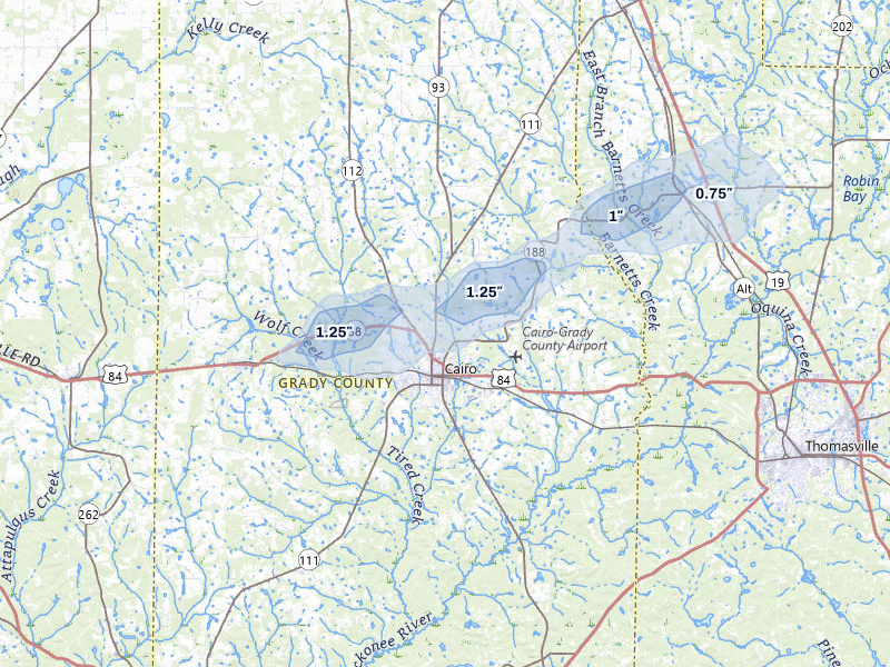 NEXRAD radar-signature map of the hail storm over Cairo, GA on May 8, 2026