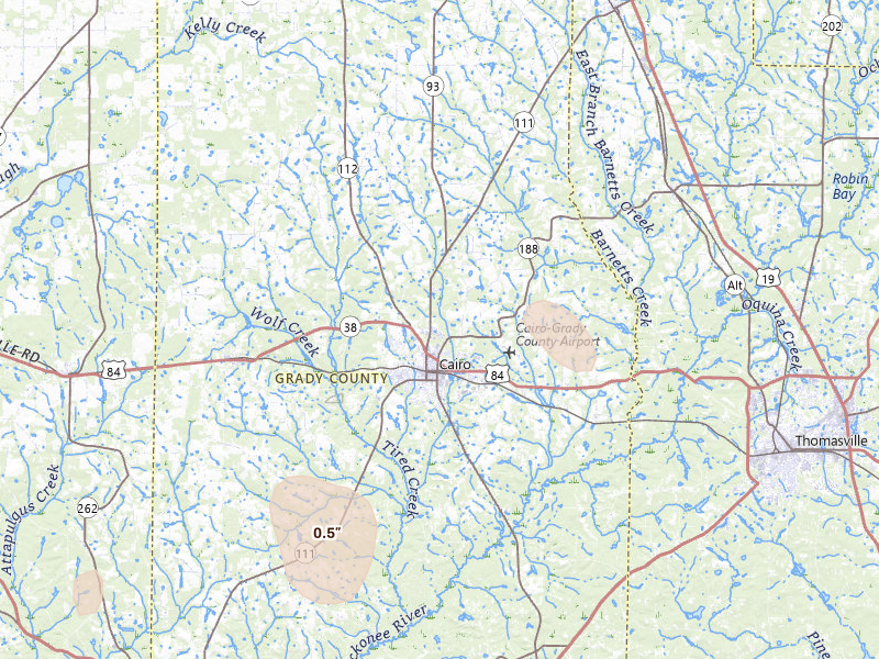 Radar-estimated hail-size map of the storm over Cairo, GA on Jul 30, 2026