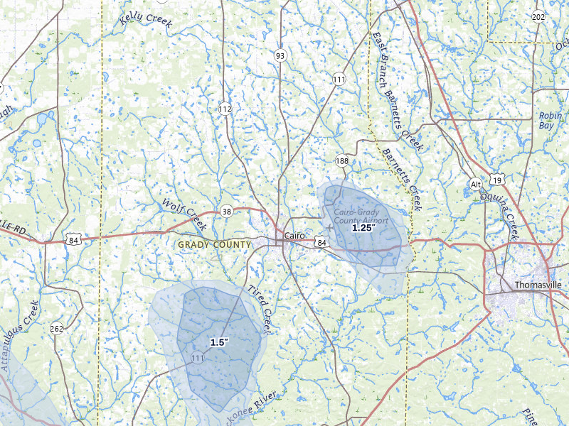 NEXRAD radar-signature map of the hail storm over Cairo, GA on Jul 30, 2026