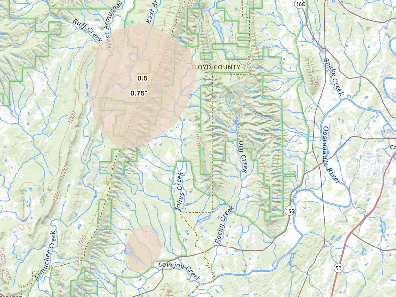 Radar-estimated hail-size map of the storm over Calhoun, GA on Jul 3, 2026