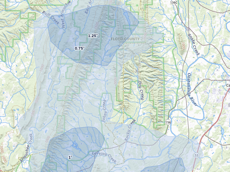 NEXRAD radar-signature map of the hail storm over Calhoun, GA on Jul 3, 2026