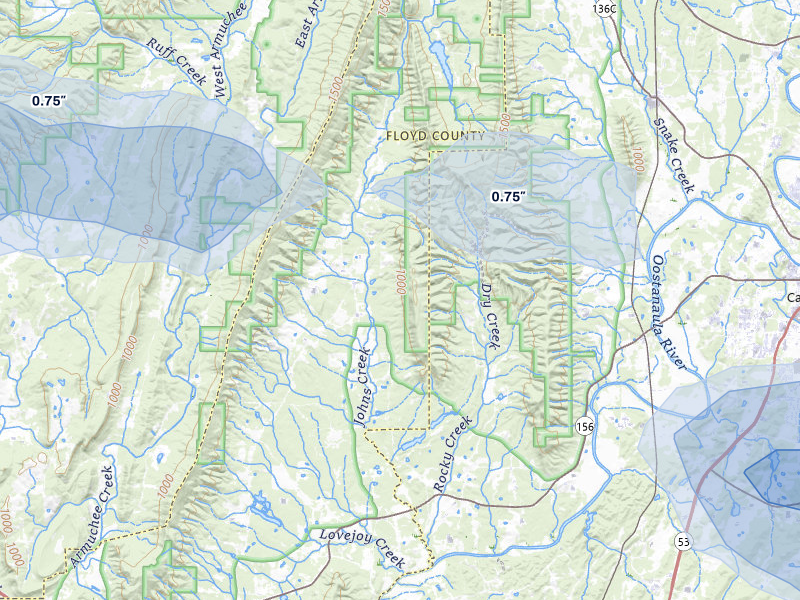NEXRAD radar-signature map of the hail storm over Calhoun, GA on Jul 5, 2026