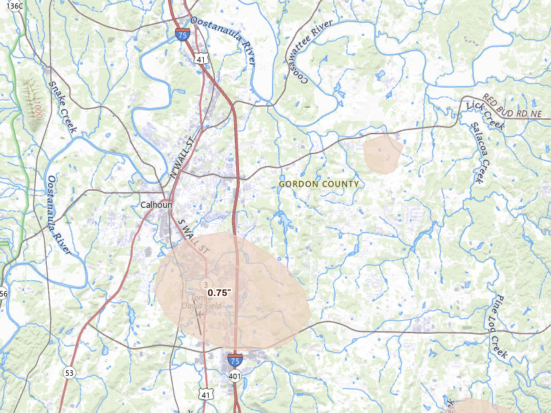 Radar-estimated hail-size map of the storm over Calhoun, GA on Aug 11, 2026