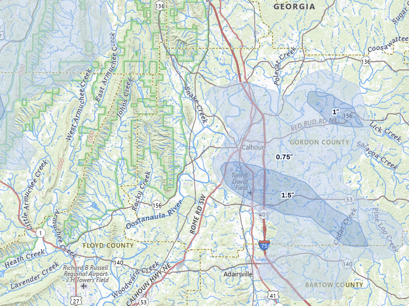 NEXRAD radar-signature map of the hail storm over Calhoun, GA on Aug 11, 2026