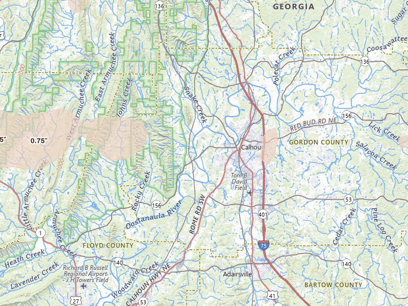 Radar-estimated hail-size map of the storm over Calhoun, GA on Aug 20, 2026