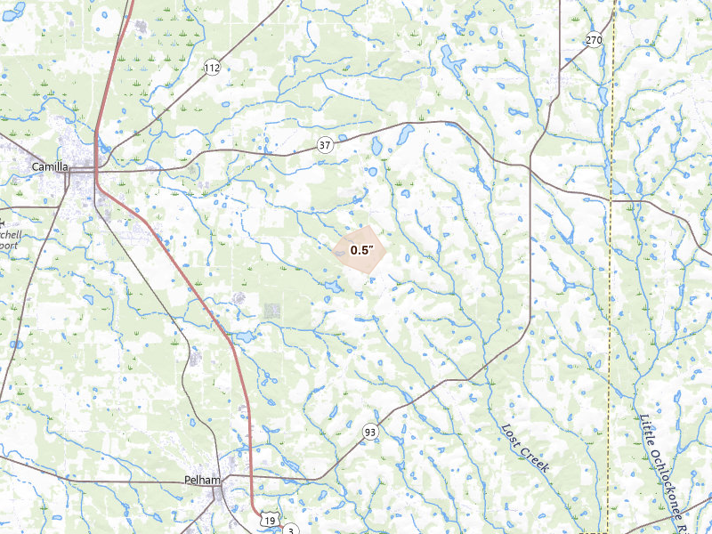 Radar-estimated hail-size map of the storm over Camilla, GA on May 22, 2026