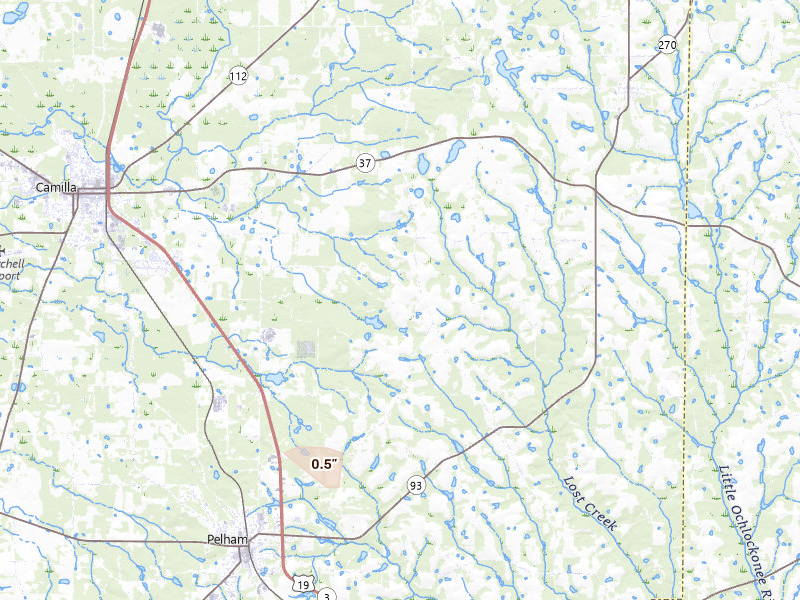 Radar-estimated hail-size map of the storm over Camilla, GA on Jun 23, 2026