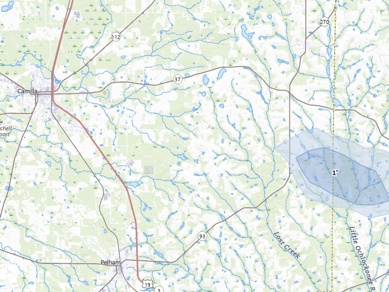 NEXRAD radar-signature map of the hail storm over Camilla, GA on Jul 10, 2026