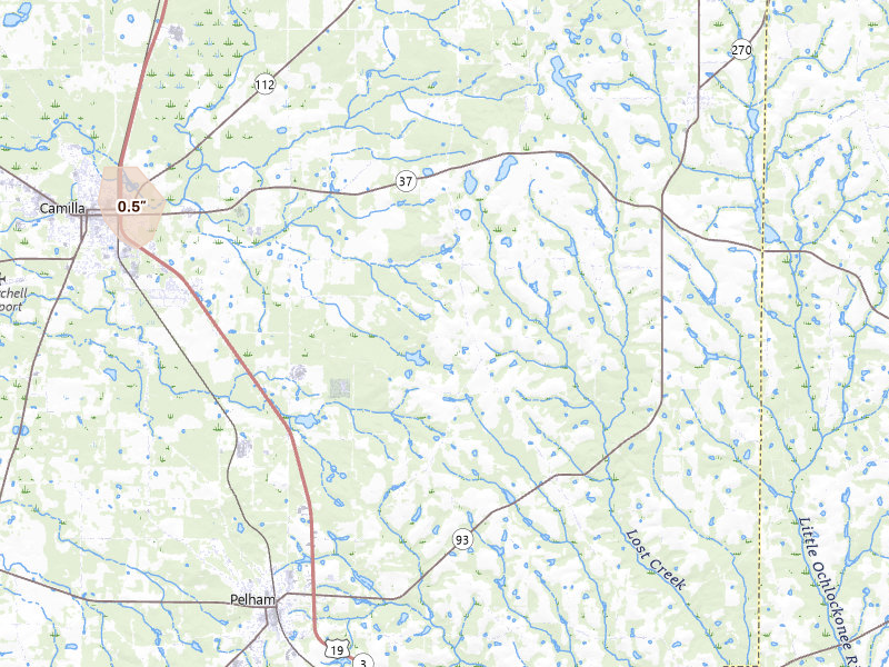 Radar-estimated hail-size map of the storm over Camilla, GA on Jul 18, 2026
