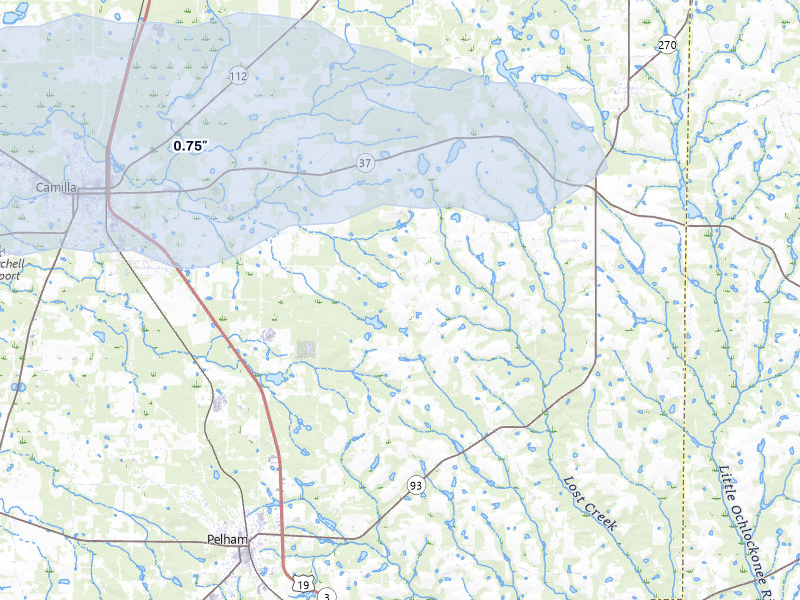 NEXRAD radar-signature map of the hail storm over Camilla, GA on Jul 25, 2026
