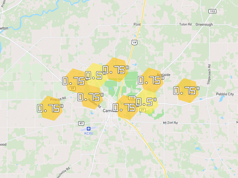 Hail map of Camilla, GA on Jul 25, 2026, hail up to 0.75"