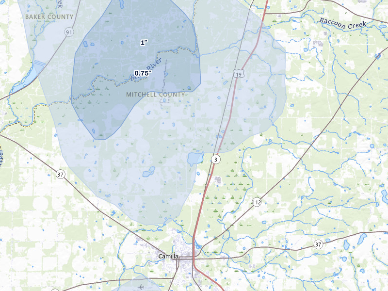NEXRAD radar-signature map of the hail storm over Camilla, GA on Aug 12, 2026
