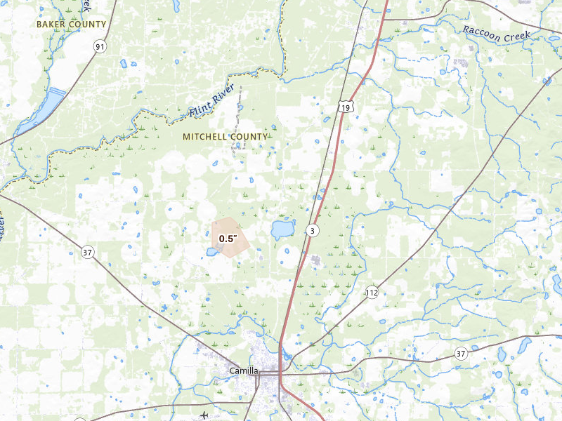 Radar-estimated hail-size map of the storm over Camilla, GA on Aug 13, 2026