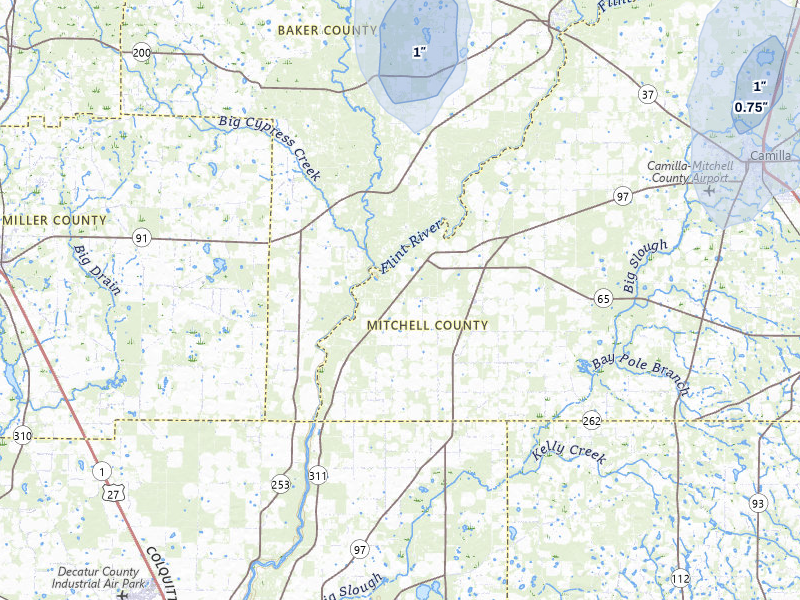NEXRAD radar-signature map of the hail storm over Camilla, GA on Aug 13, 2026