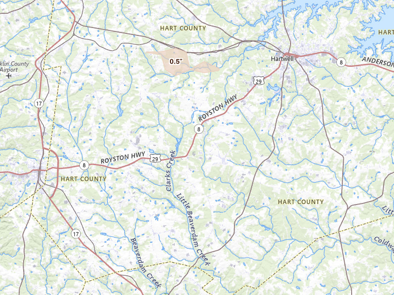 Radar-estimated hail-size map of the storm over Canon, GA on Jun 14, 2026