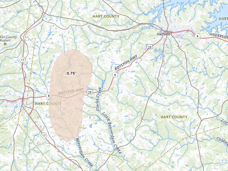 Radar-estimated hail-size map of the storm over Canon, GA on Jun 29, 2026