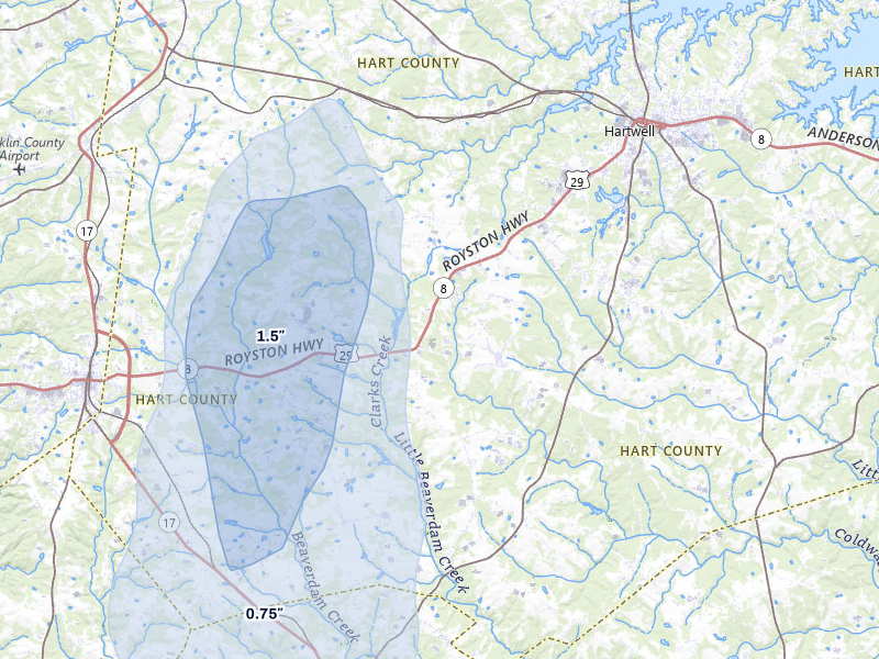 NEXRAD radar-signature map of the hail storm over Canon, GA on Jun 29, 2026
