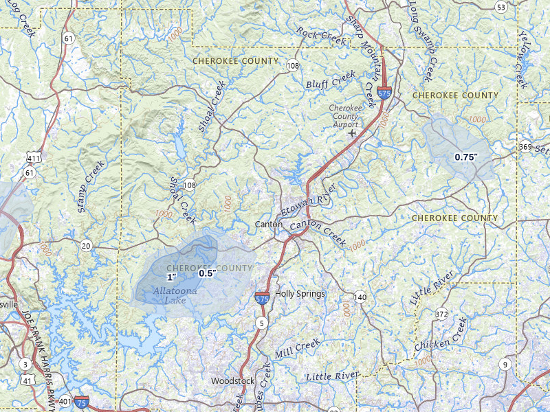 NEXRAD radar-signature map of the hail storm over Canton, GA on Jul 11, 2026