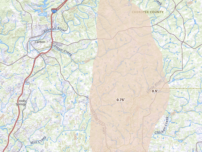 Radar-estimated hail-size map of the storm over Canton, GA on Jul 28, 2026