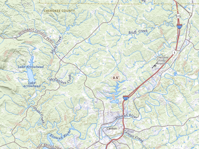 Radar-estimated hail-size map of the storm over Canton, GA on Aug 8, 2026