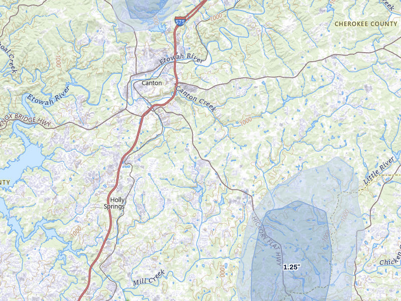 NEXRAD radar-signature map of the hail storm over Canton, GA on Aug 8, 2026