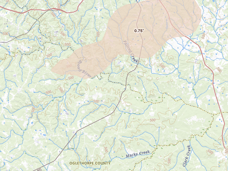 Radar-estimated hail-size map of the storm over Carlton, GA on Mar 6, 2026