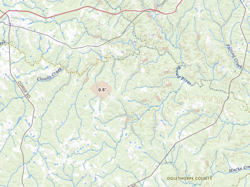 Radar-estimated hail-size map of the storm over Carlton, GA