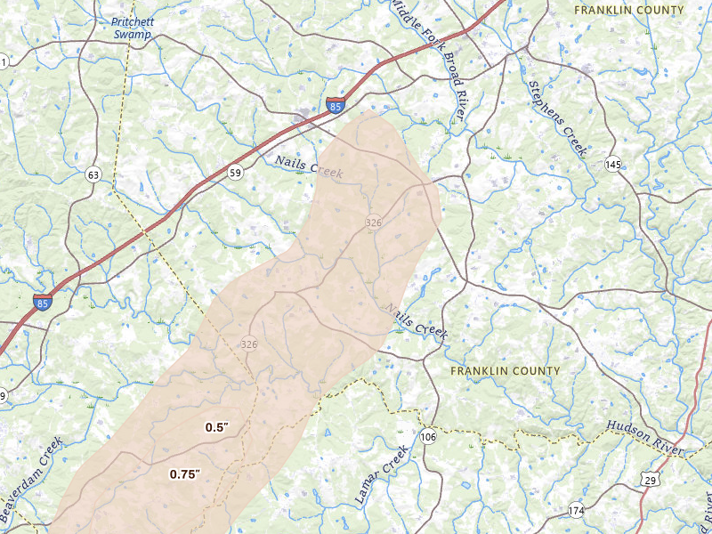 Radar-estimated hail-size map of the storm over Carnesville, GA on May 22, 2026